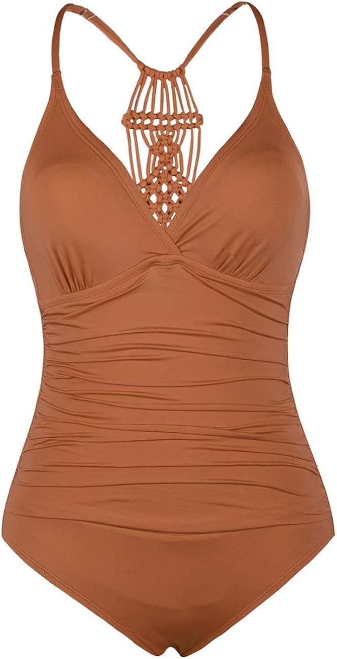 Firpearl Women's Tummy Control One Piece Bathing Suits V Neck Swimsuits Hand-Braid Macrame Ruched Slimming Swimwear