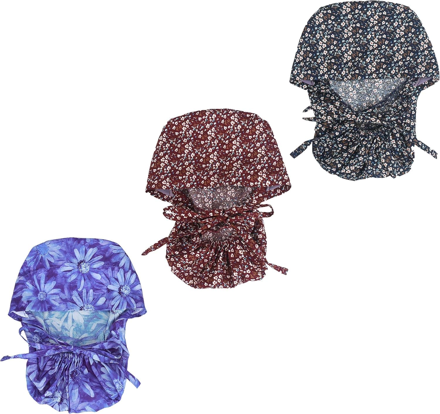 QBA Working Cap with Button Long Hair, 3PCS, Adjustable Working Hat Sweatband Cotton Ponytail Holder, Tie Back Hats for Women & Men, One Size, BL DS+FL NV+FL WN