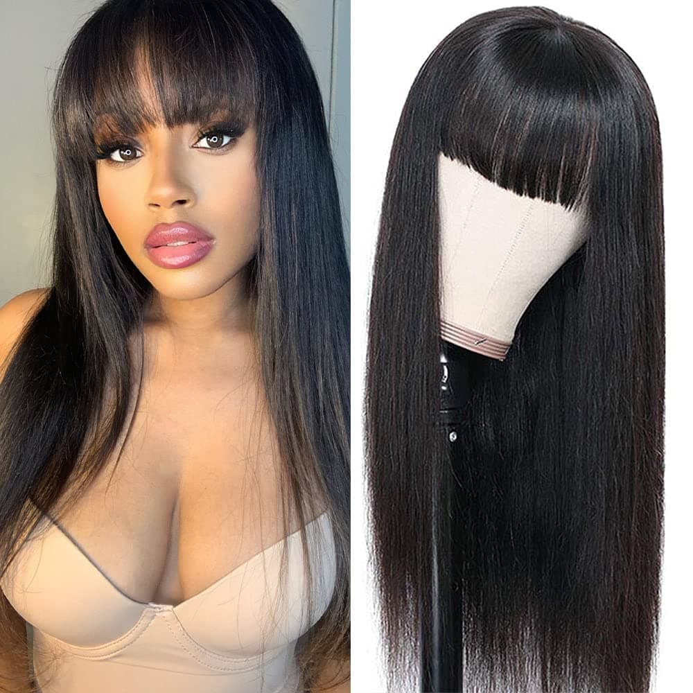 Rebecca Fashion 24" Long Straight Wigs with Bangs Human Hair 100% Silky Unprocessed Brazilian Virgin Wigs for Black Women Wear and Go Glueless Wigs, VICTORIA, Natural Color