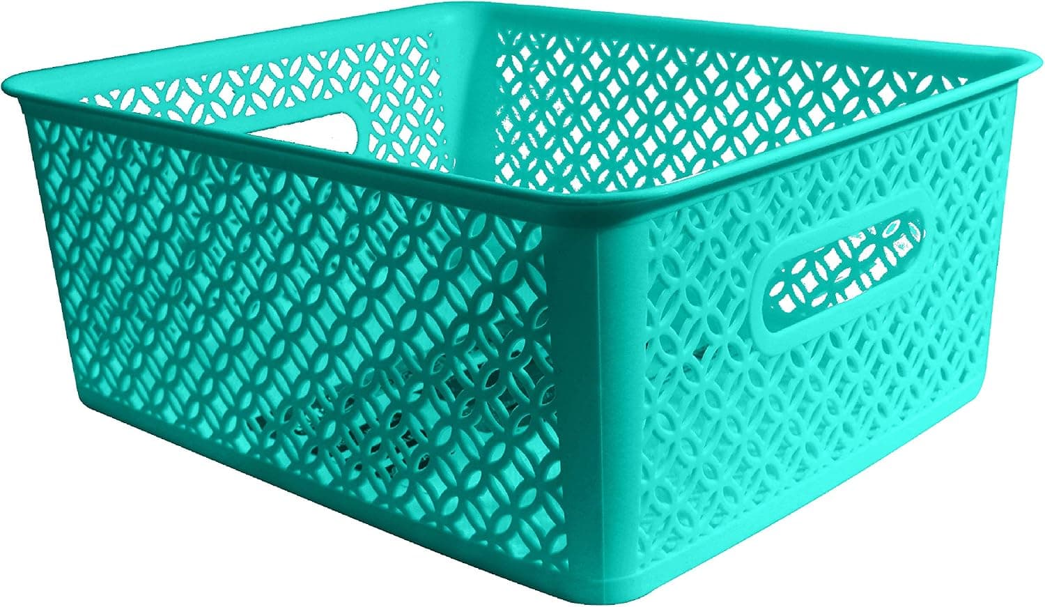 Stor-All Solutions Strong Plastic Woven Shelf Storage Organization Basket with Handles, 14" L x 11.6" W x 5.3" H, Teal