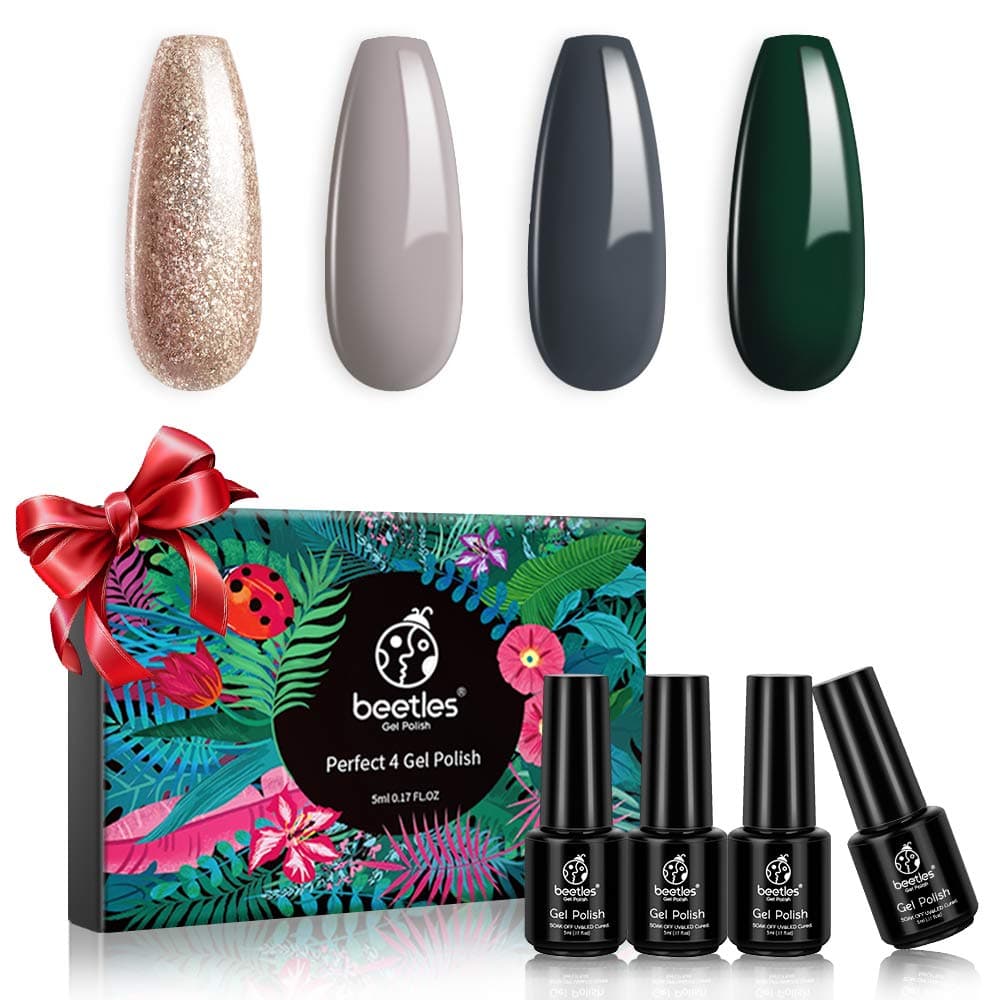 Beetles Nude Grey Gel Nail Polish Set - 4 Colors Glitter Green Gel Polish Kit Snow White Silver Nail Gel Polish Soak Off UV LED Gel Nail Kit Vanish Manicure DIY Home Chrismas Gifts Box