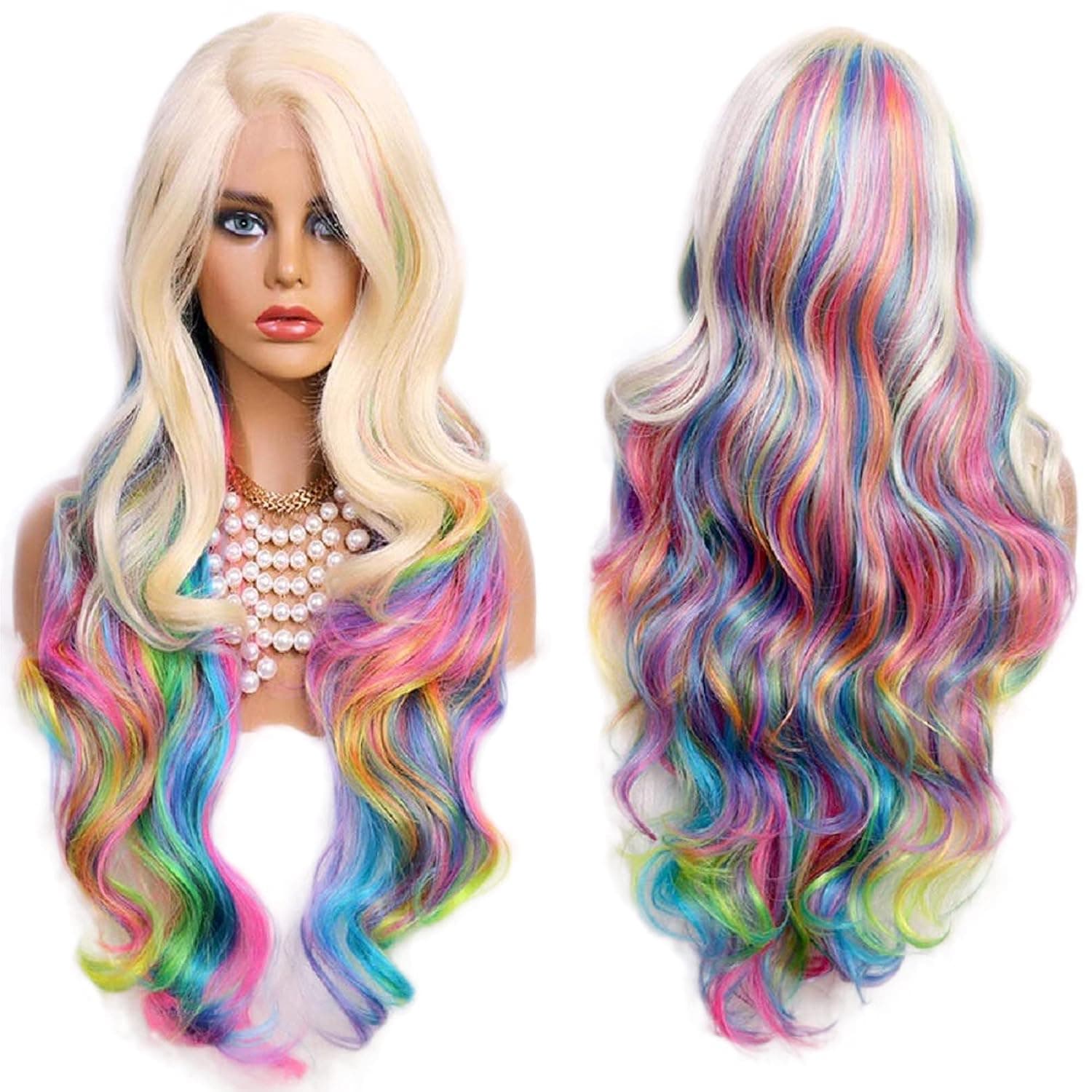 Rainbow Color Light Yaki L Part Lace Front Wigs Heat Resistant Body Wavy Synthetic Lace Front Wig for Women 24 Inch 613/COLORFUL
