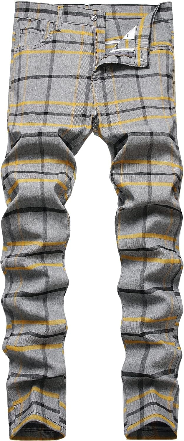 Men's Chino Pants Skinny Fit Plaid Flat-Front Stretch Slim Stylish Casual Business Dress Pants