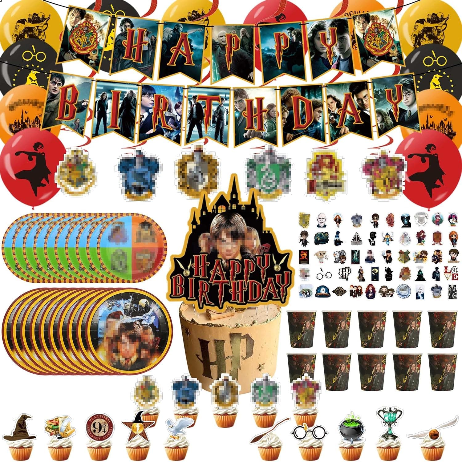 129PCS Magical Wizard Party Supplies, Magic School Party Include Banner, Cake & Cupcake Toppers, Wizard Balloons, Hanging Swirls, Plates, Cups, Stickers for Christmas Gift Party Supplies Favors