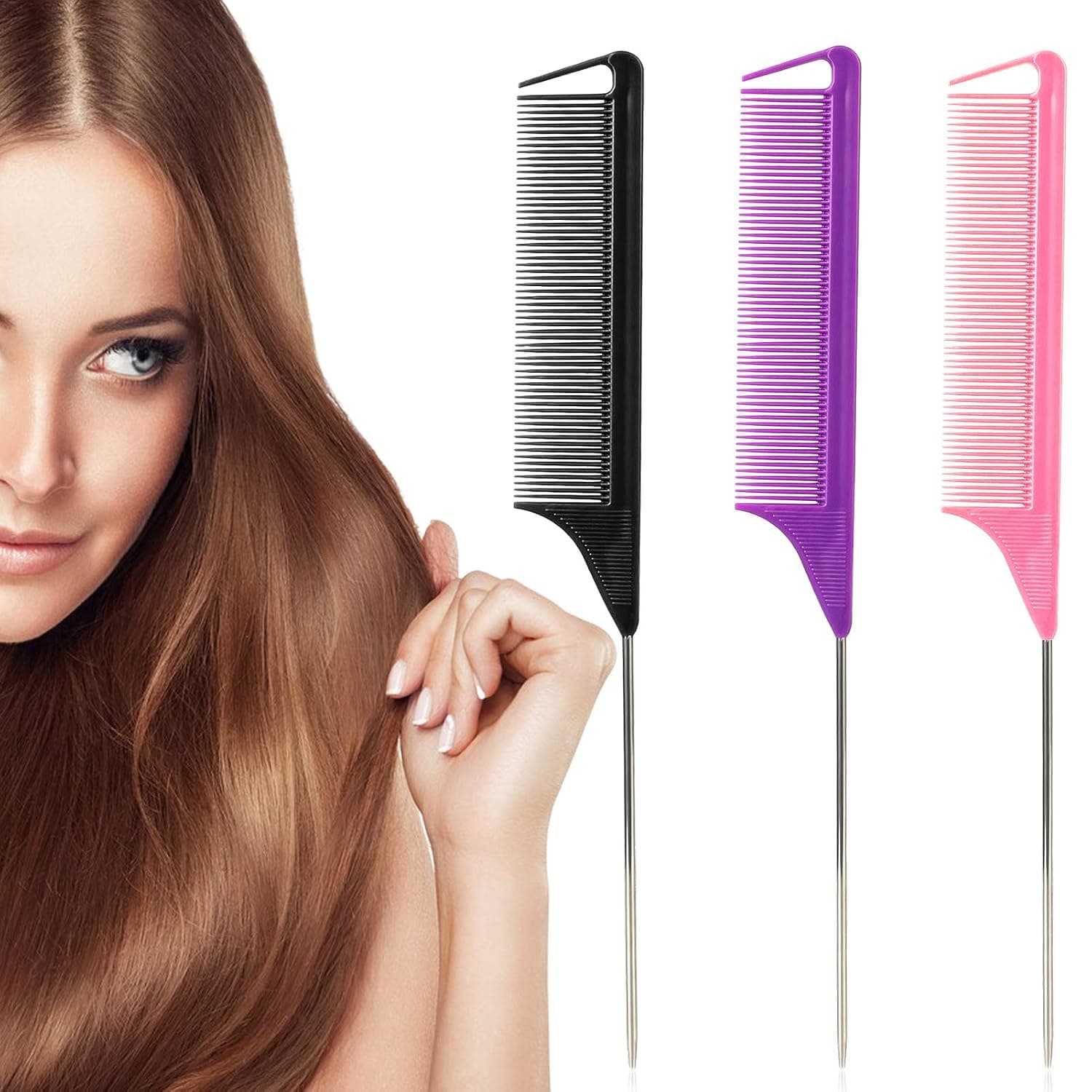 3Pcs Rat Tail Combs,Barber Styling Combs for Women,Anti Static Heat Resistant Hairdressing Comb (Black/Pink/Purple)