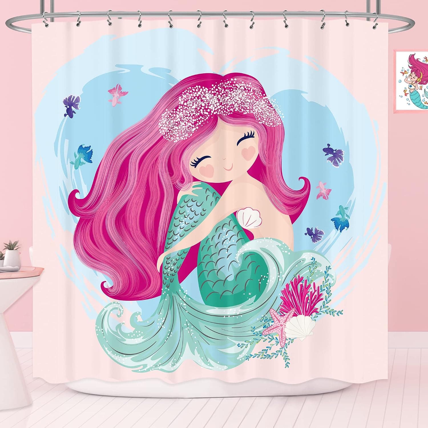 Riyidecor Mermaid Scales Shower Curtain Tail Fish Girls Kids Cartoon Ocean Blue Heart Colorful Purple Hair Seaweed Bath Decor Fabric Set Polyester Waterproof 72x72 Inch 12 Pack Plastic Hooks RY-IB6S