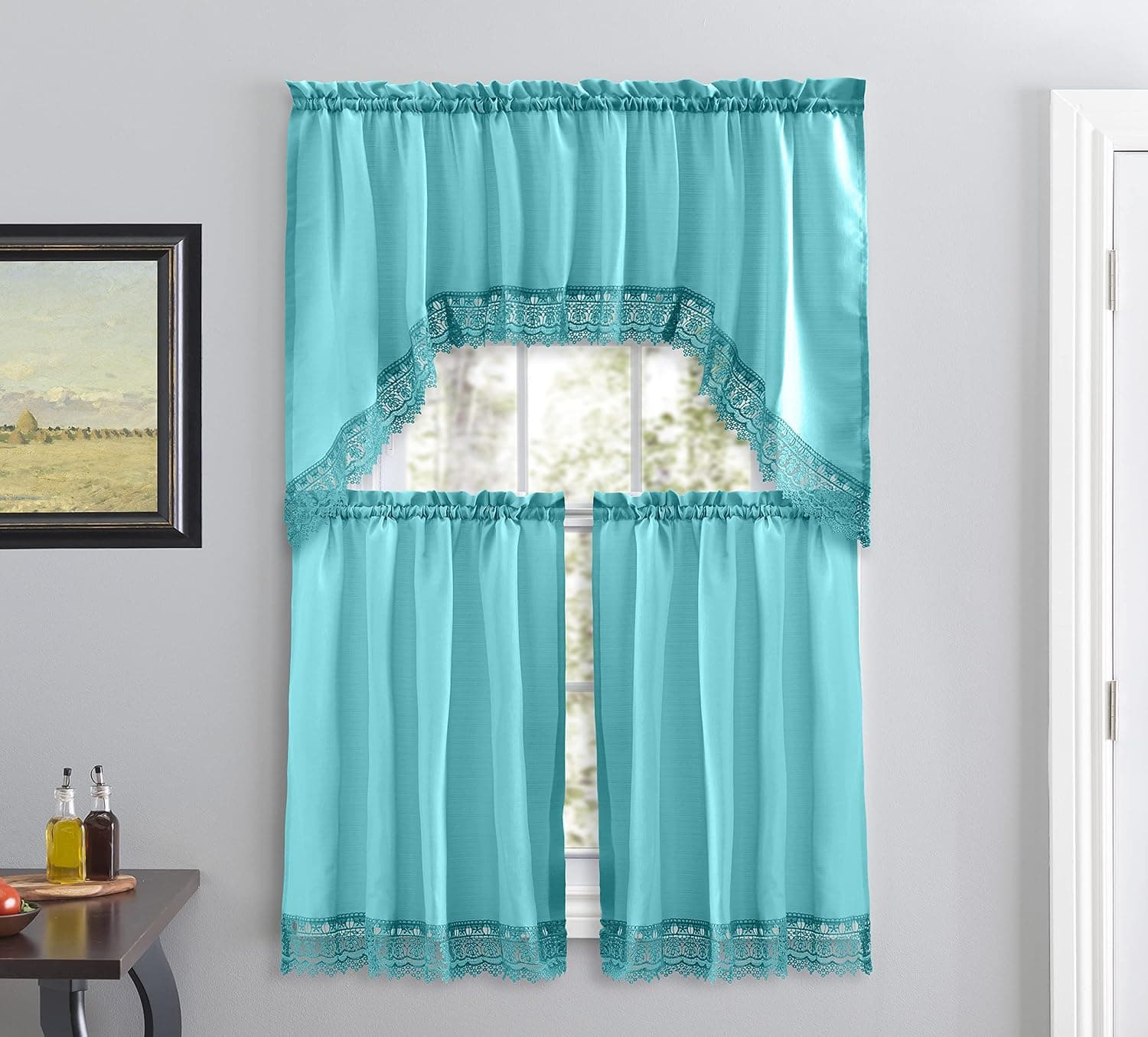 American Linen Café Curtains for Kitchen, Bathroom Curtains with Valance, Embroidered lace Border. (Teal)
