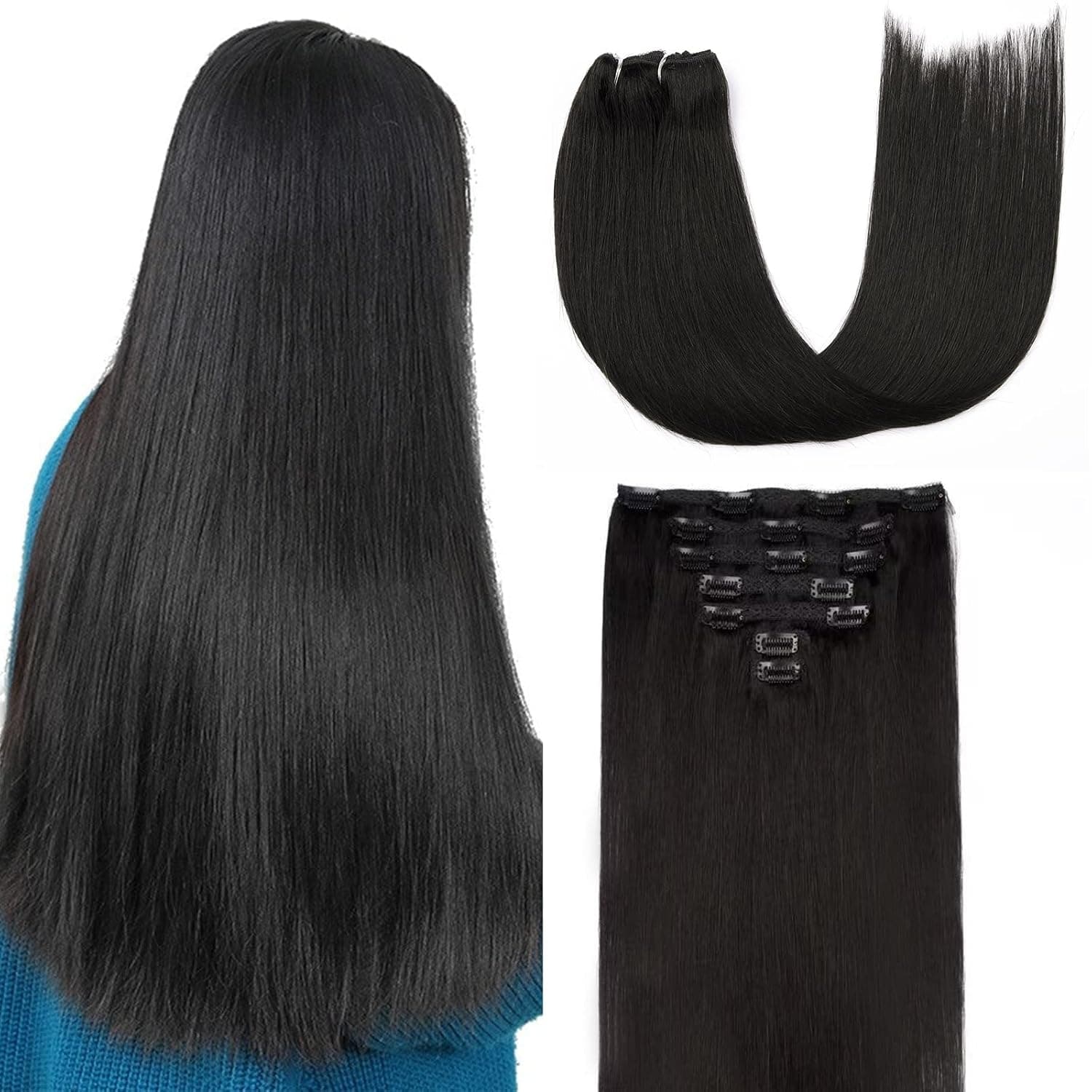LIZ Hair Human Hair Clip in Extensions, Natural Black 20 Inch 120g 7pcs Hair Extensions Clip in Human Hair Hair Extensions Human Hair Silk Straight Hair Extensions