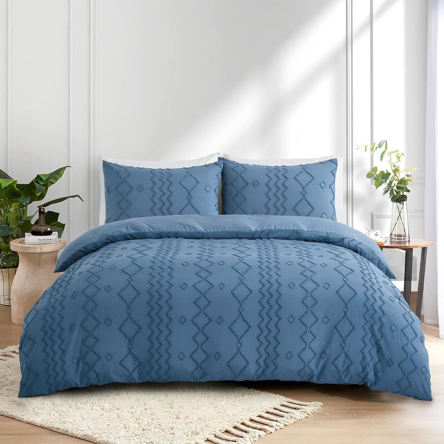 Puredown ® Boho Duvet Cover Full/Queen Size, 3 Pieces Tufted Comforter Cover, All Seasons Navyblue Duvet cover and 2 Pillowcases, Shabby Chic Bedding Covers for Bedroom (Navyblue, Full/Queen, 90"x90")