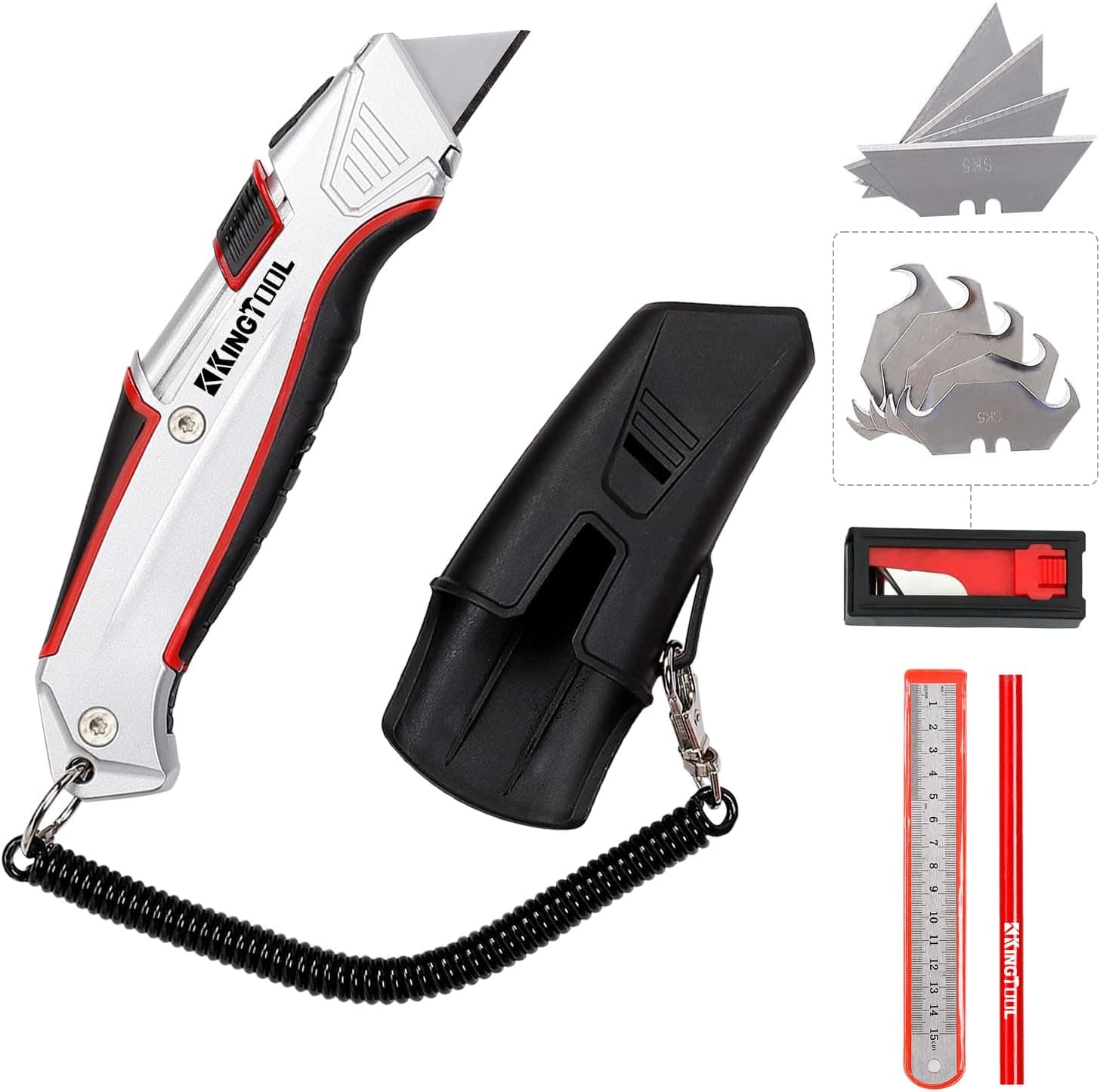 Self-retracting box cutter with holster with belt clip, auto retractable safety utility knife with total 10 pcs SK5 blades, aluminum shell with rubber grip, Sturdy and Strong,box cutter with belt clip