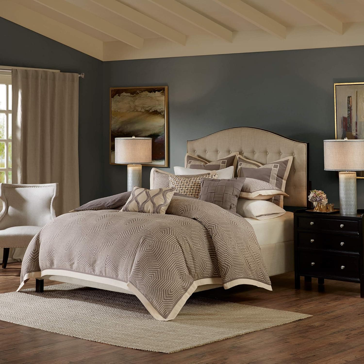 Madison Park Signature Cozy Comforter Set - All Season Bedding Combo Filled Insert and Removable Duvet Cover, Shams, Decorative Pillows, King (110 in x 96 in), Geometric Grey 10 Piece
