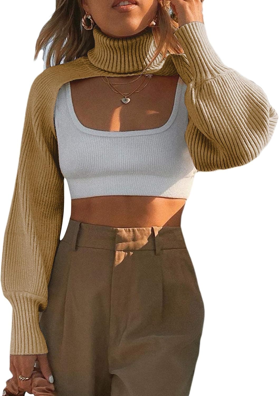 Women's High Collar Long Puff Sleeve Sweater Knitwear Pullover Crop Top Ultra Short Cropped Sweater Sweatshirt