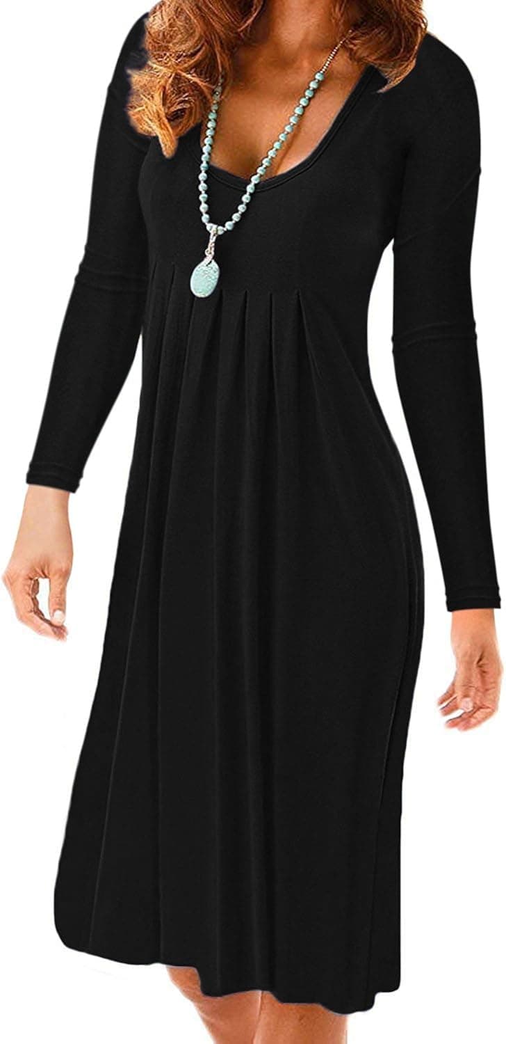 TECREW Womens 3/4 Bell Sleeve Crewneck Mesh Panel Flare Dress Casual Loose Chiffon Swing Dress (Black#1, XL)