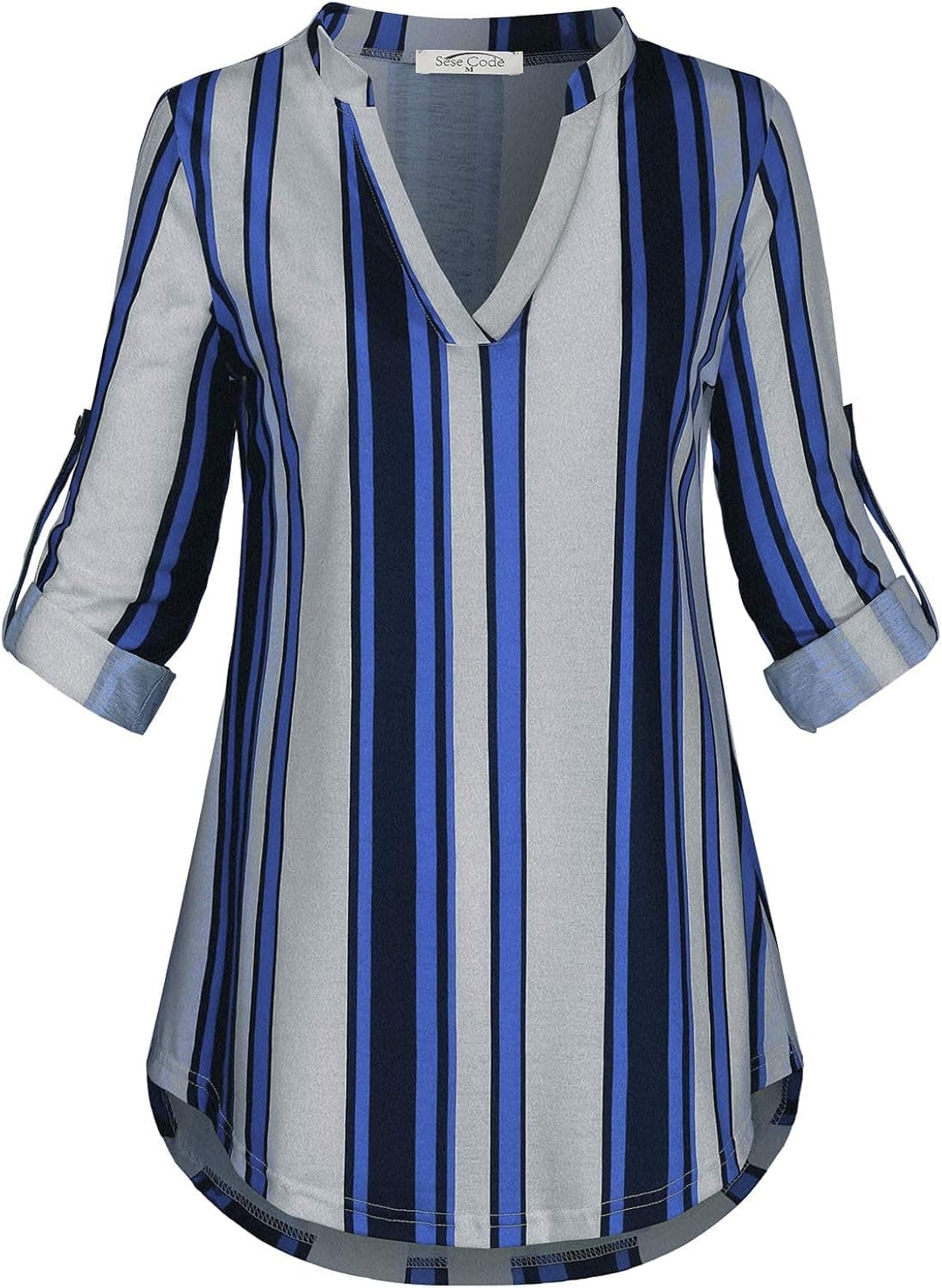 SeSe Code Blue and White Striped Shirt Women, Ladies Pullover Tops 3/4 Sleeve Business Casual Clothes for Office Work Lightweight Henley V Neck Loose Fit Jersey Knit Tunic Top XX-Large