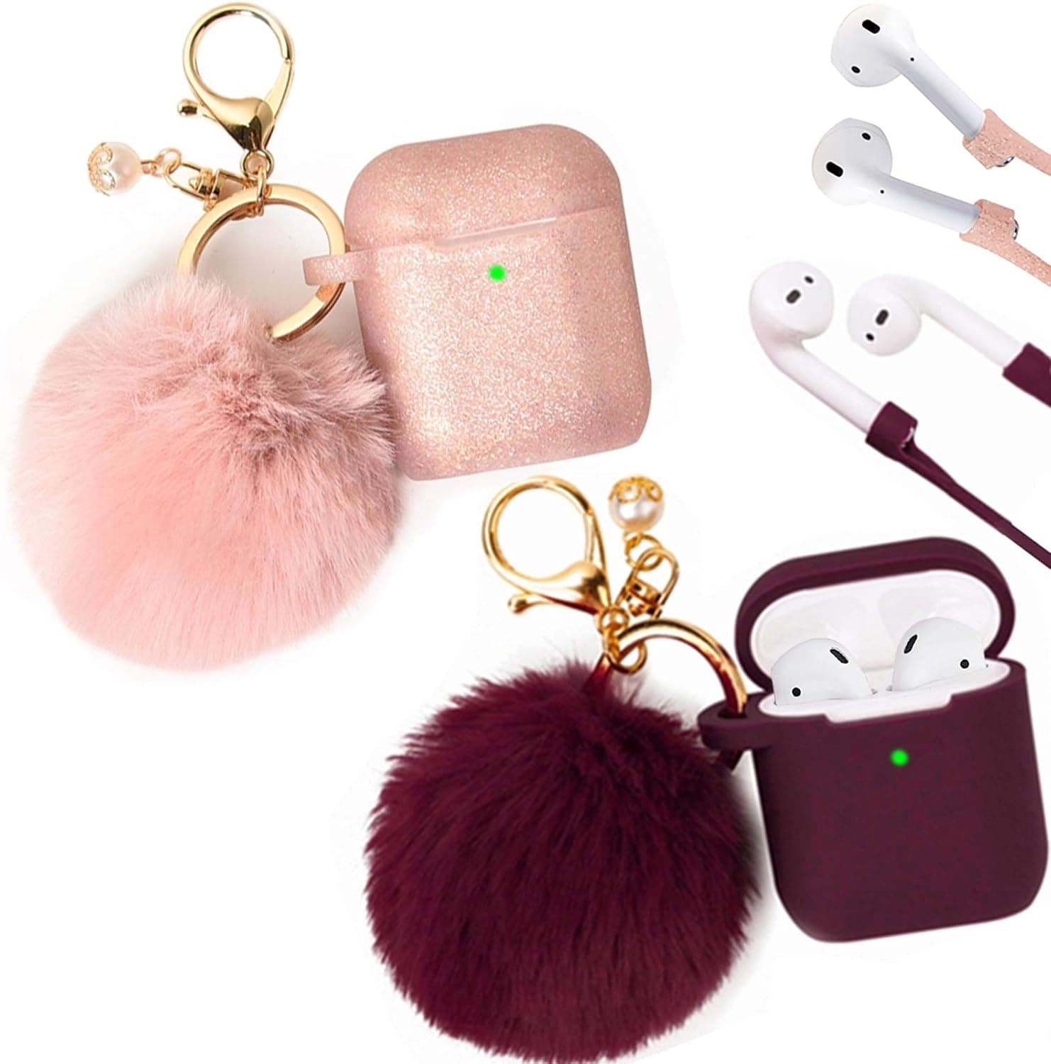 Filoto Case for Airpods, Filoto Airpod Case Cover for Apple Airpods 2&1 Charging Case, Cute AirPods Silicone Soft Case Accessories Keychain/Skin/Pompom/Strap (Burgundy+Rose Gold)