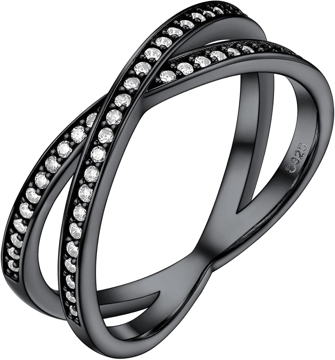PROSILVER 925 Sterling Silver X Cross Rings, Gorgeous Full Cubic Zirconia Ring, Silver/Black Tone, Size 5-12, Come with Gift Box