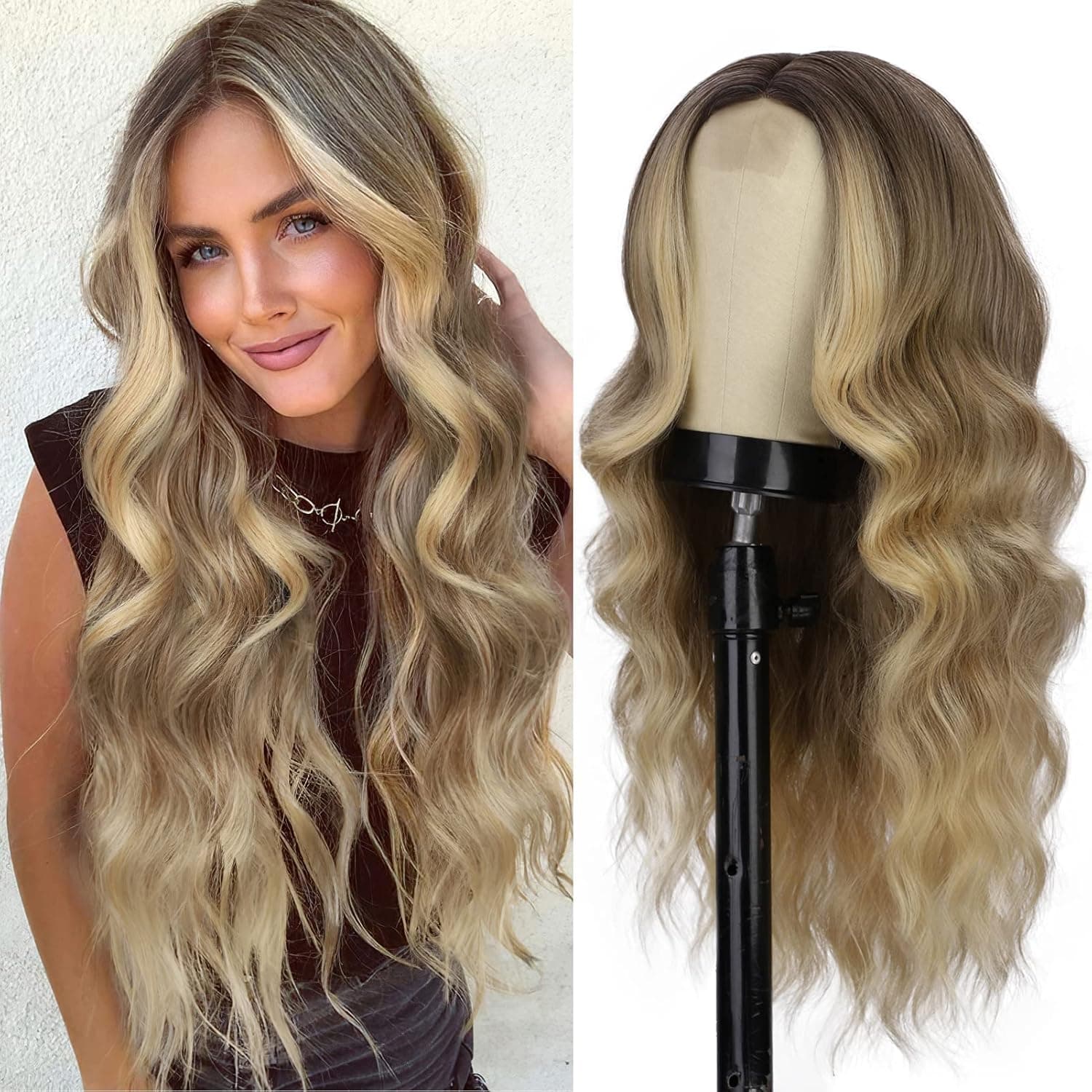 N NAYASA Long Blonde Wavy Wigs for Women Middle Part Curly Brown Wig 24 Inch Heat Resistant Synthetic Wig for Daily Party Use (Ombre Blonde Mix Brown)