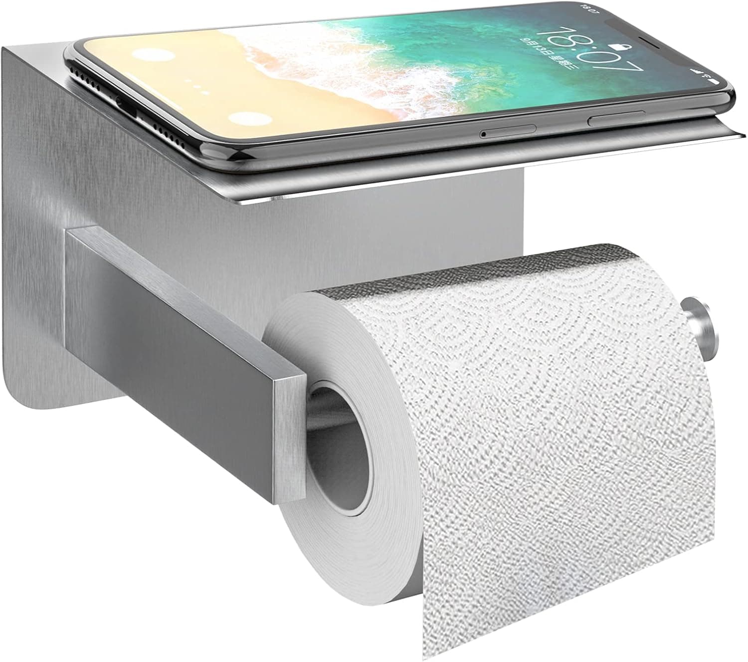 Toilet Paper Holder Self-Adhesive with Shelf, 304 Stainless Steel Toilet Paper Holder Wall Mount, Toilet Paper Roll Holder No Drill for Bathroom Kitchen (Brushed Silver)