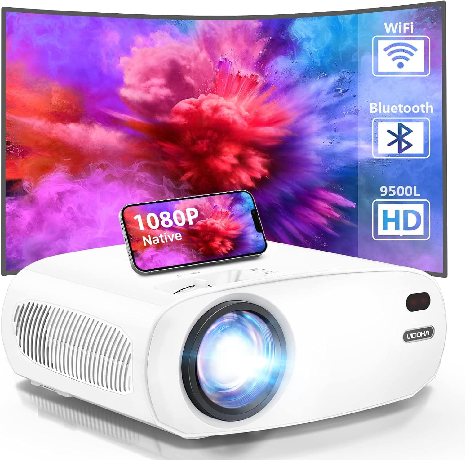 [Upgraded] WiFi Bluetooth Projector, VIDOKA Native 1080P Video Projectors with Dust Filter & Sleep Timer, 4K Supported Portable Outdoor Movie Projector for Phone/iPhone/Android, Carry Bag Included