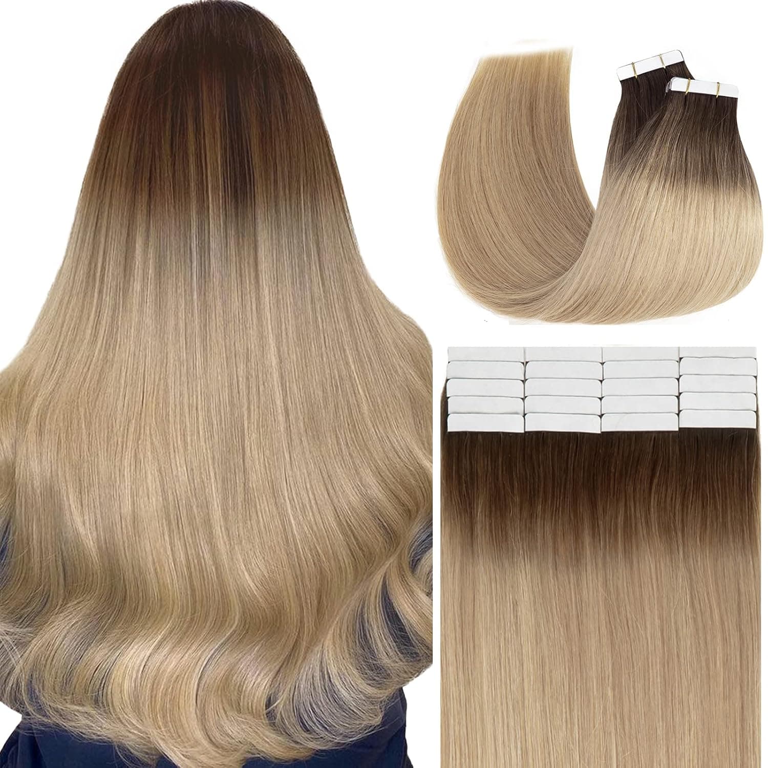 Loxxy Tape In Hair Extensions Natural Real Human Hair Double Sided Tape Ins Color R4/18 Dark Brown to Ash Blonde Remy Tape In Hair Extensions 14 Inch 50g Per Set Tape for Hair Extensions Straight Hair for Women