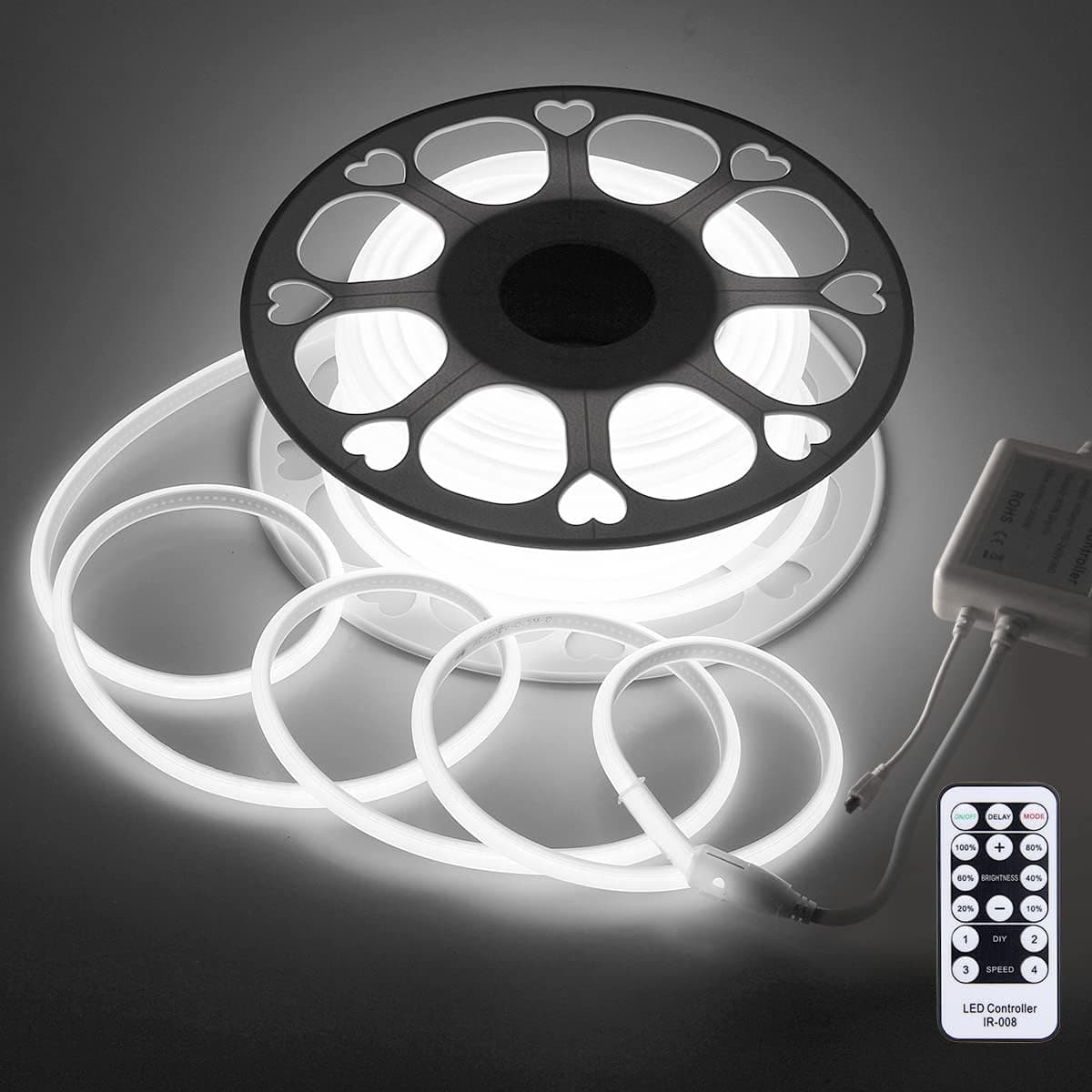 Aclorol 20M White COB LED Strip Lights Outdoor Waterproof Flexible FCOB COB Light Strip Dimmable Cold White AC 100-120V 6000K for Commercial Building Lighting 288Leds/M 65.6FT with Remote Control