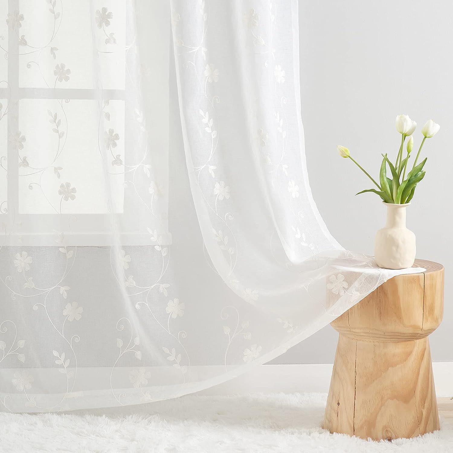 White Sheer Curtains 63 Inch Length 2 Panels, Floral Embroidered Curtains Light Filtering and Privacy, White Sheer Curtains Semi Sheer Window Curtain Panels for Kitchen, Bedroom, White, 52 x 63 Inch