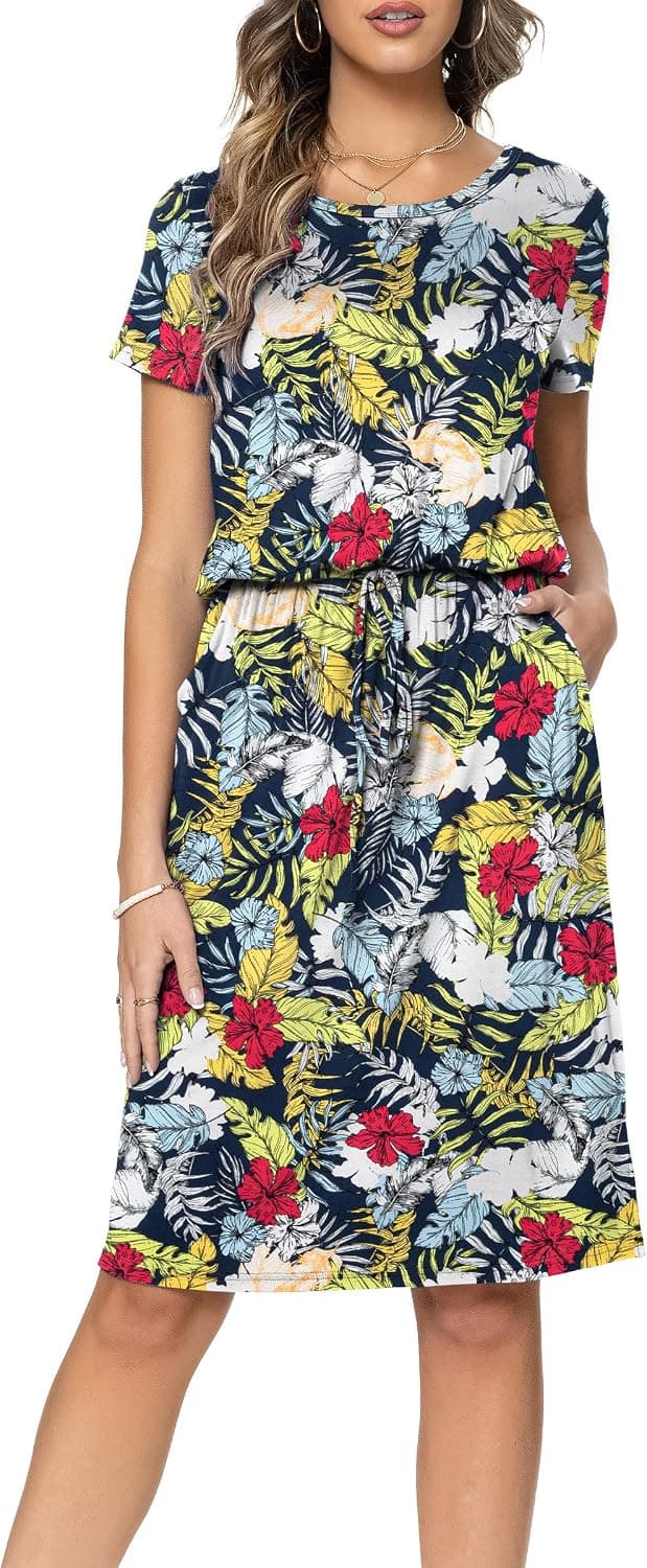 levaca Women's Casual Hide Belly Drawstring Knee Length Dress