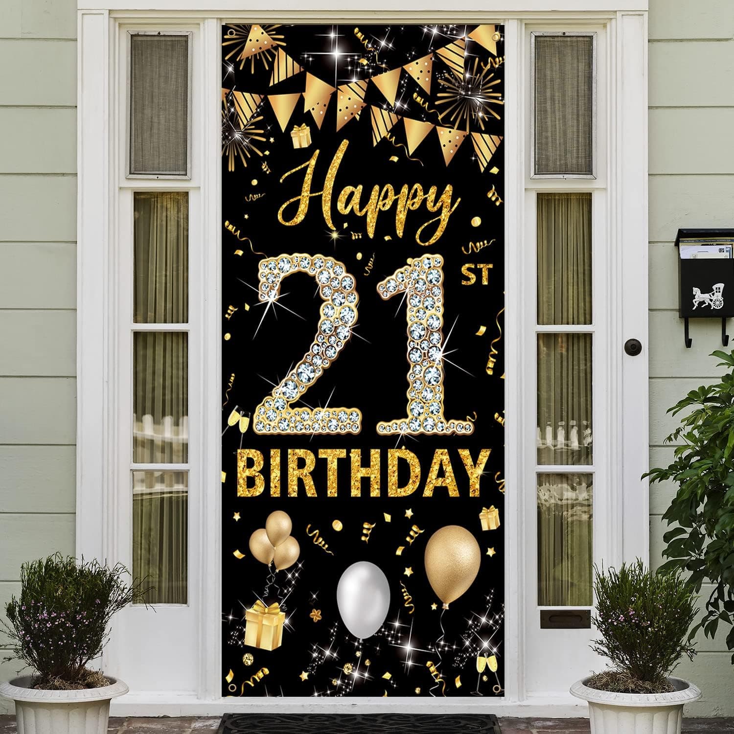 21st Birthday Decorations Door Banner, Black Gold Happy 21st Birthday Decorations for Her Him, Door Cover Sign Poster Decoration, 21 Birthday Party Photo Props Backdrop Women Men, 6.1ft x 3ft PHXEY