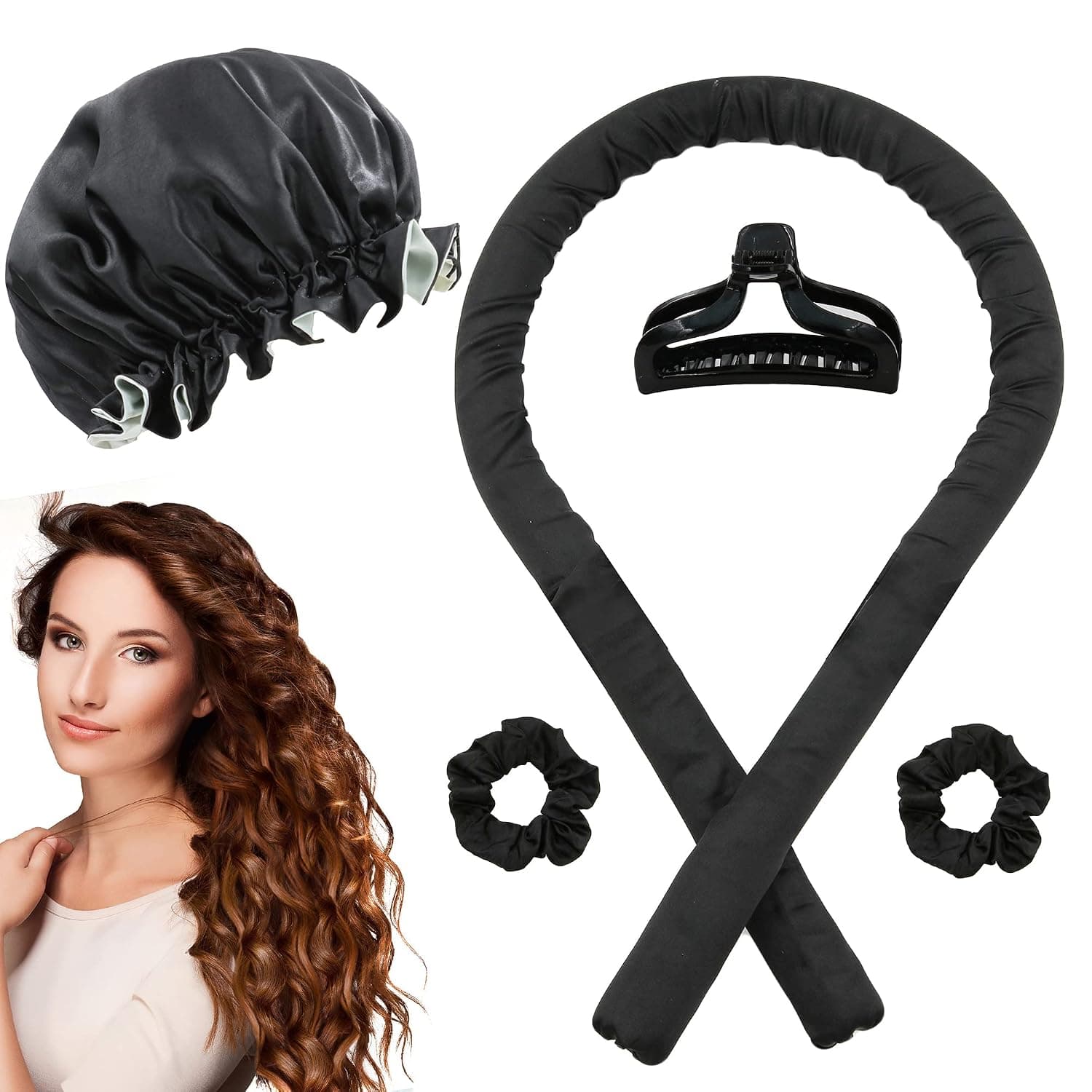 Heatless Curling Rod Headband for long hair, With hair clips and Scrunchies, Soft No heat Headband and matching Bonnet to sleep in (Black)