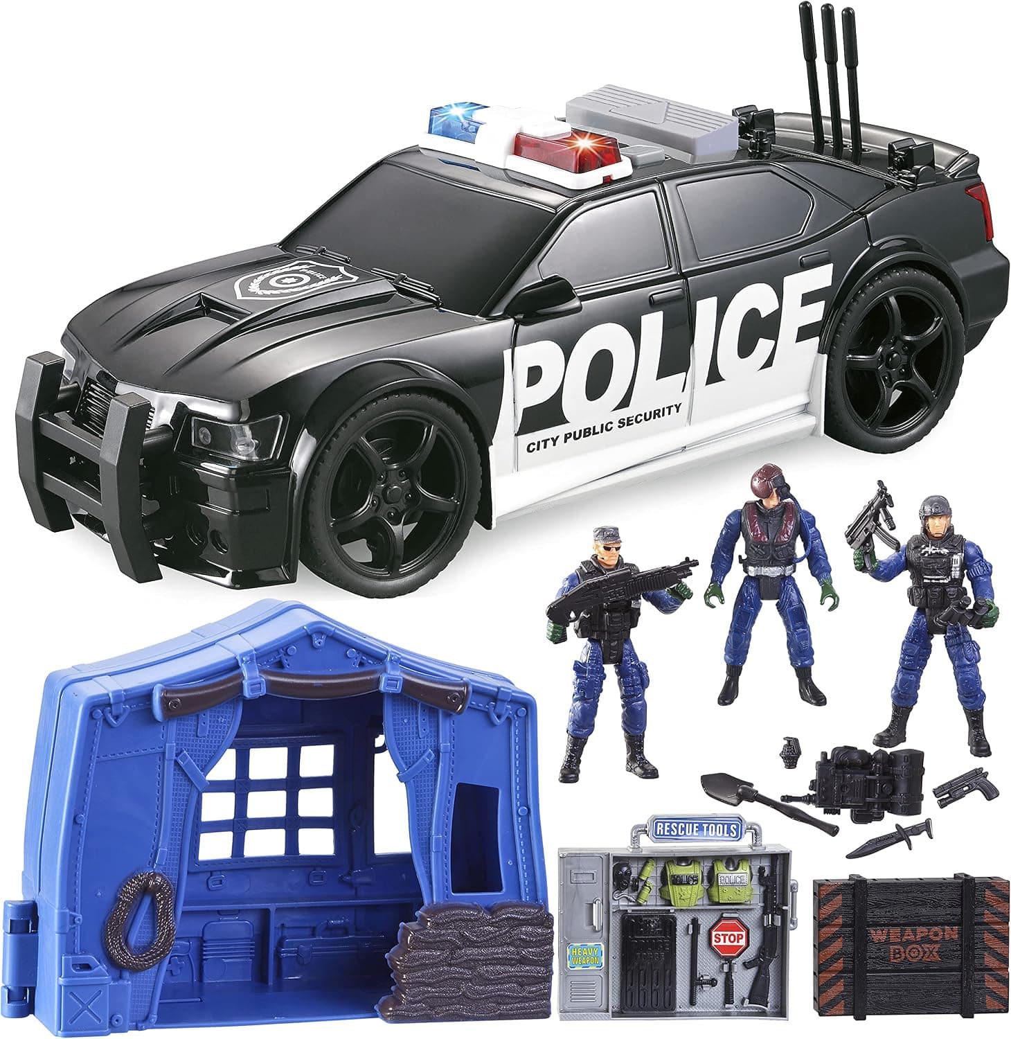 JOYIN Police Camp Toy Set of Friction Powered Police Car, Realistic Military Camp Tent and Policemen Action Figures, Police Vehicle with Light and Sound Siren for Over 3 Years Old Boys