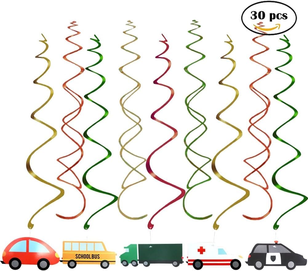 packingmaster 30Ct Colorful Transportations Cars Trucks Buses Hanging Swirl Home Decorations for Transportation Themed Birthday Party Supplies
