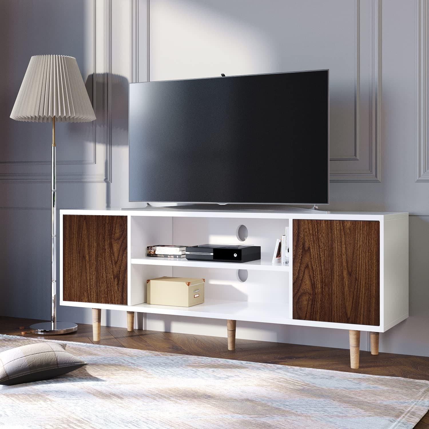 Mid Century Modern TV Stand for 65 Inch TV, Wood Media Console Entertainment Center with 2 Storage Cabinet for Living Room, 60 Inch, White Walnut