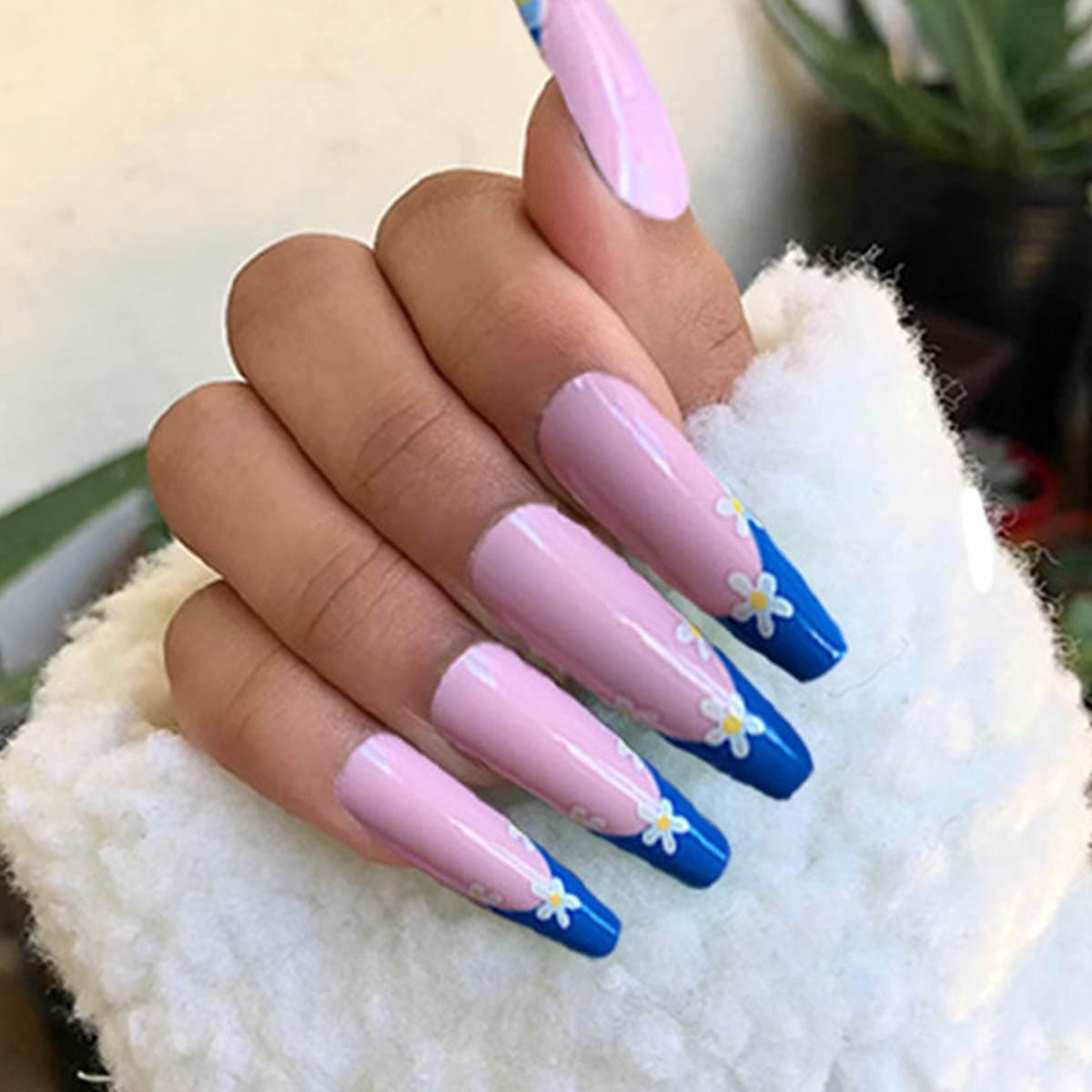 Kamize Long Coffin Press on Nails with Designs Ballerina Fake Nails Tips Full Cover Acrylic False Nails for Women and Girls24PCS (French flowers)