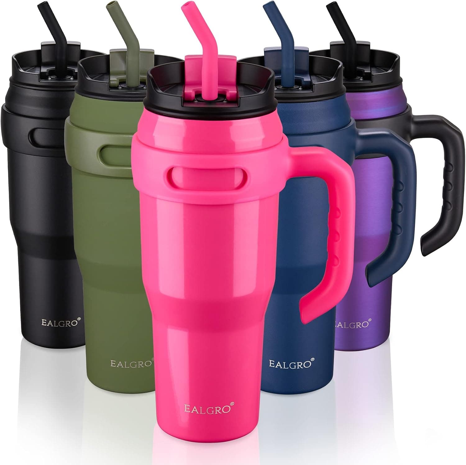 EALGRO 40 oz Tumbler with Handle, Large Insulated Tumblers with Straw and Lid, Stainless Steel Vacuum Travel Coffee Mug Cup, Neon Pink