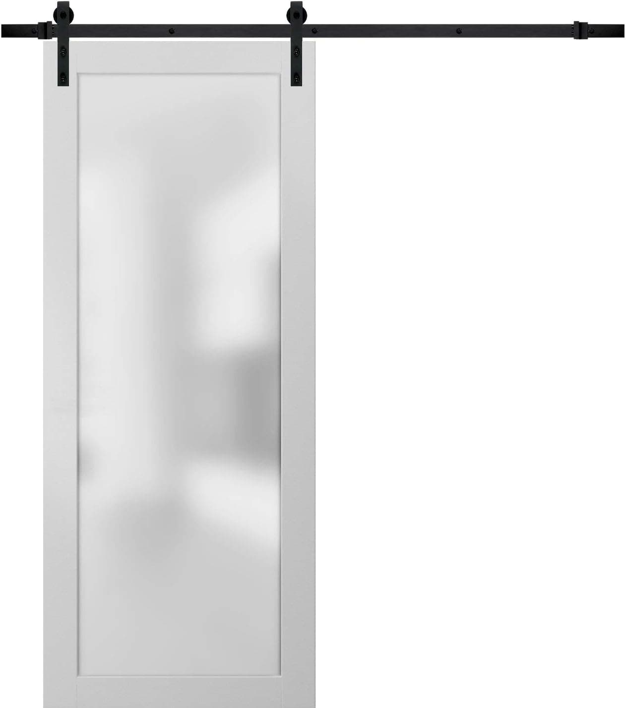 Sliding Lite Barn Frosted Glass Door 36 x 80 | Planum 2102 White Silk | 6.6FT Rail Hangers Stops Hardware Set | Modern Solid Core Interior Door Eco-Veneer