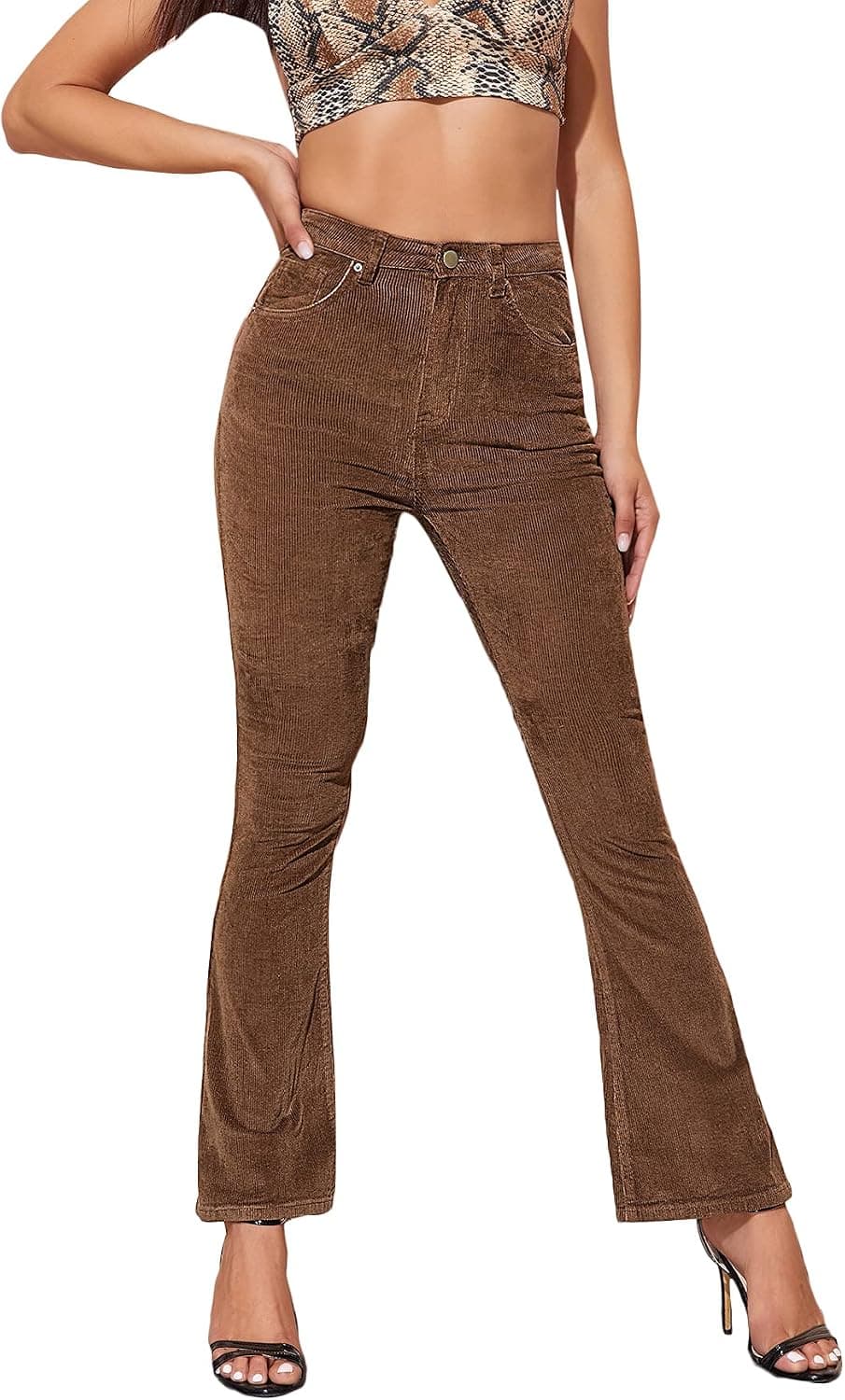 MakeMeChic Women's Casual High Waist Flare Leg Corduroy Pants