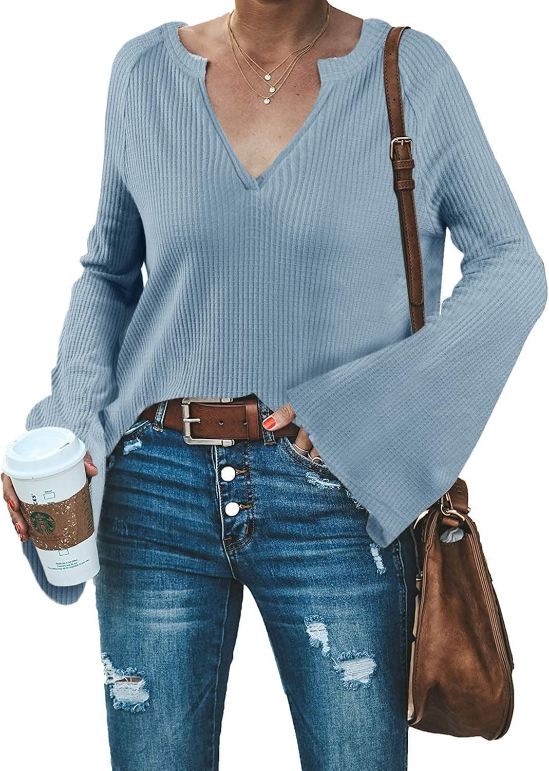 Women's V Neck Waffle Knit Henley Tops Casual Long Sleeve Pullover Sweater Blouses (ZZ Blue, X-Large)