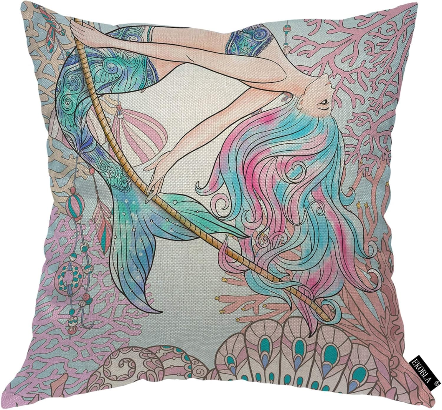 EKOBLA Mermaid Throw Pillow Cover Colorful Underwater Corals Beautiful Cartoon Fairy Tale Shell Conch Cozy Square Cushion Case for Men Women Boys Girls Room Home Decor Cotton Linen 18x18 Inch