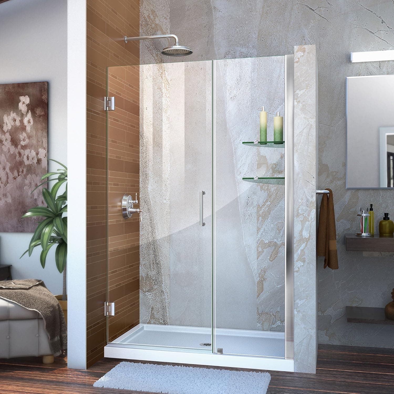 DreamLine Unidoor 45-46 in. W x 72 in. H Frameless Hinged Shower Door with Shelves in Chrome, SHDR-20457210S-01