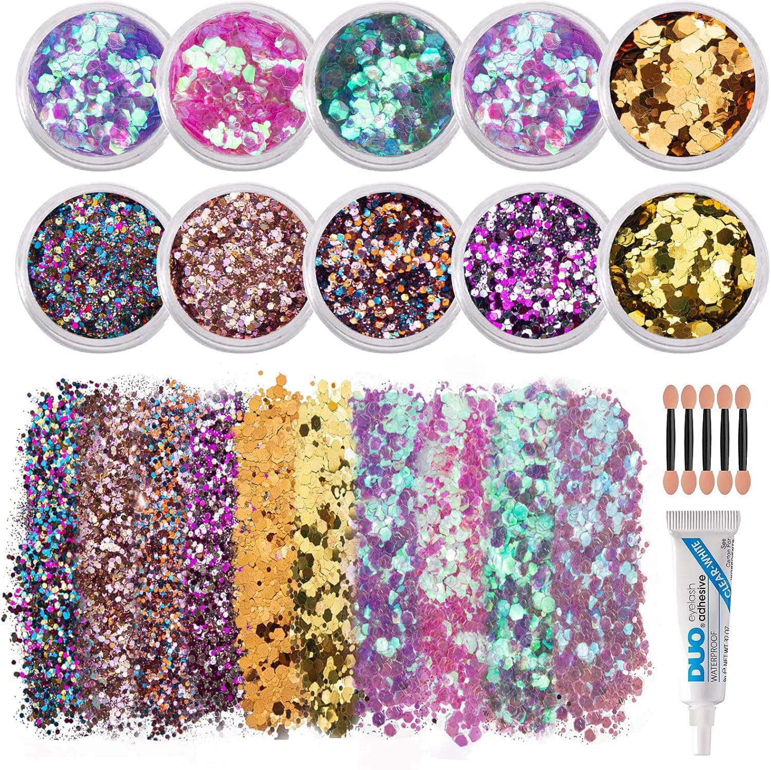 CHASPA Chunky Body Glitter Holograhic Glitter for Face Glitter Makeup, Hair, Eye and Nails with Eyelash Glue and 5 Brush
