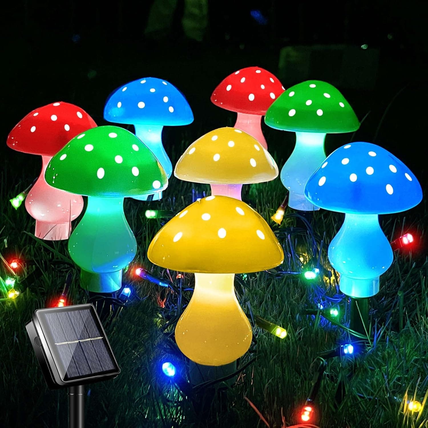Upgraded Outdoor Solar Garden Lights, 8 Pack 50 LED Solar Mushroom Lights Outdoor 8 Modes 23ft Waterproof Solar Powered Landscape Light Cute Fairy String Light for Yard Patio Outside Decor（Multicolor）