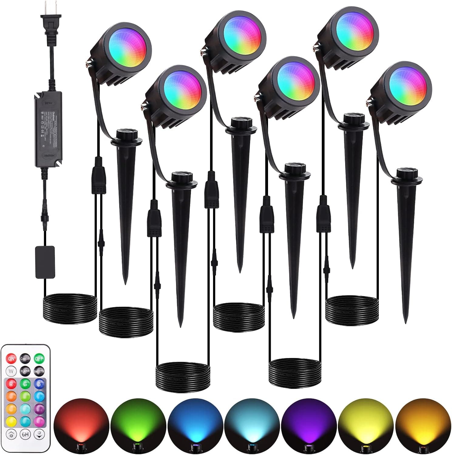 GELE Outdoor Low Voltage Landscape Lighting 3W 12V RGB Remote Control LED Landscape Lights with Transformer Color Changing IP65 Waterproof Spotlight Halloween Decorative Lights (6 Pack)