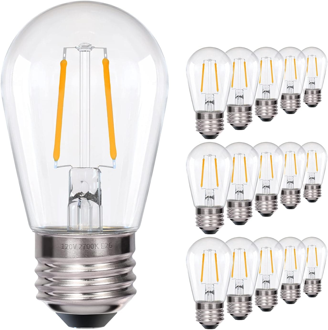 We Charger S14 LED Light Bulbs, Edison Vintage Bulb for Outdoor String Light Replacement,20W Equivalent, E26 Screw Base Shatterproof Waterproof 2W Clear Filament Bulb 2700K-15 Pack