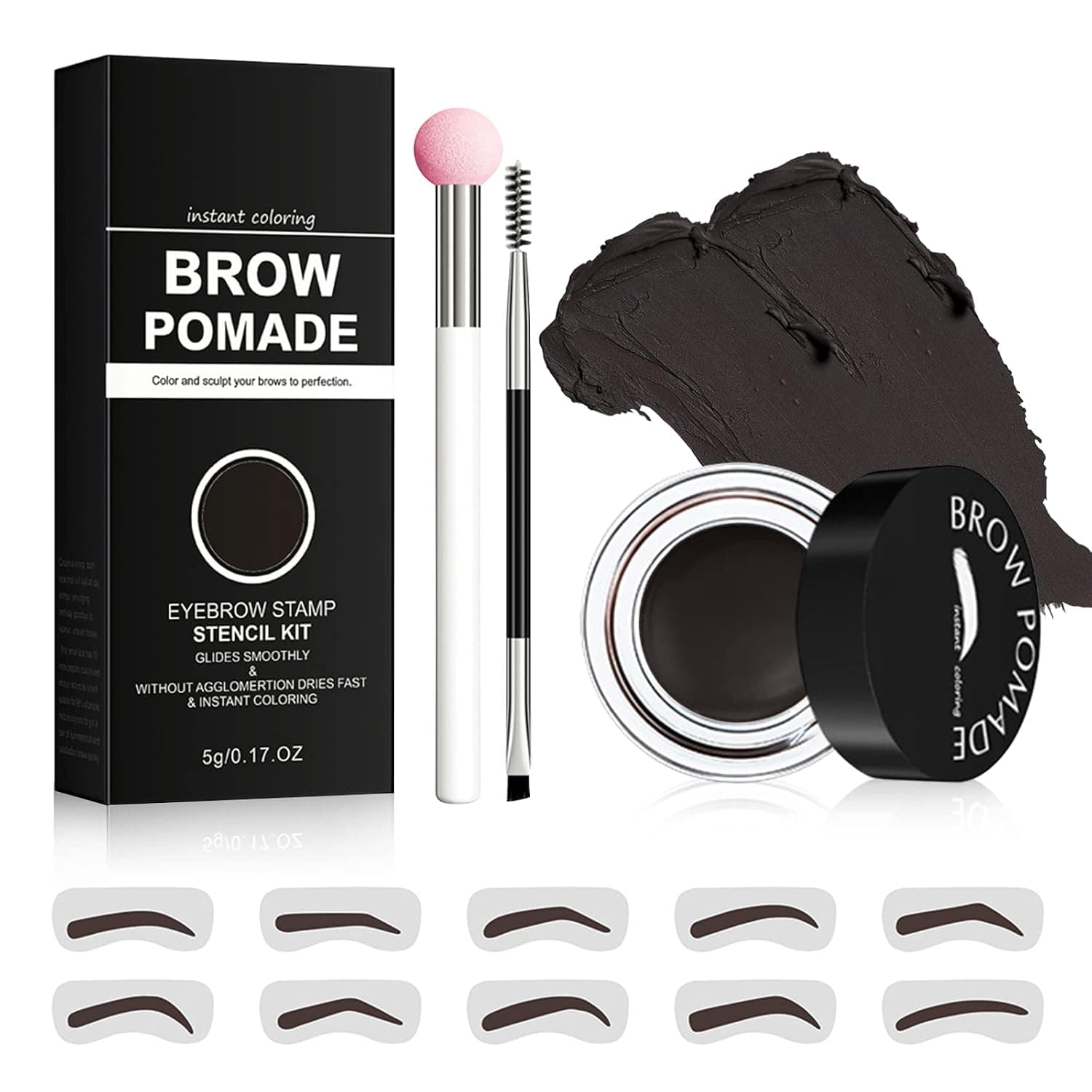 Eyebrow Stamp Stencil Kit, Ofanyia Professional Brow Pomade with 10 Brow Stencils, Sponge Applicator and Brushes, Long Lasting Waterproof Smudge Proof Eyebrow Stamp Kit for Fuller Natural Looking Brows (05# ebony tree)