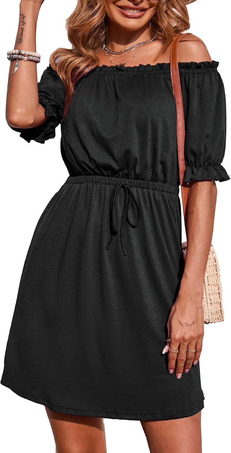 NALANISA Off Shoulder Short Sleeve Mini Dress Summer Casual Dresses for Women Belted Ruffle T Shirt Short Dress
