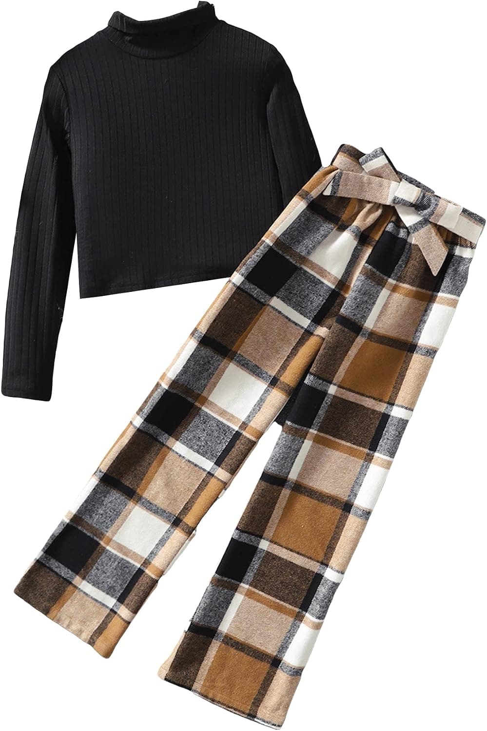 Milumia Girl Two Piece Outfits Rib Knit Turtleneck Long Sleeve Tee and Belted Plaid Pants Set