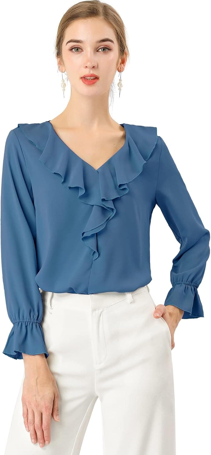 Allegra K Women's Peasant Top Office Work Chiffon Ruffle Neck Vintage Blouse