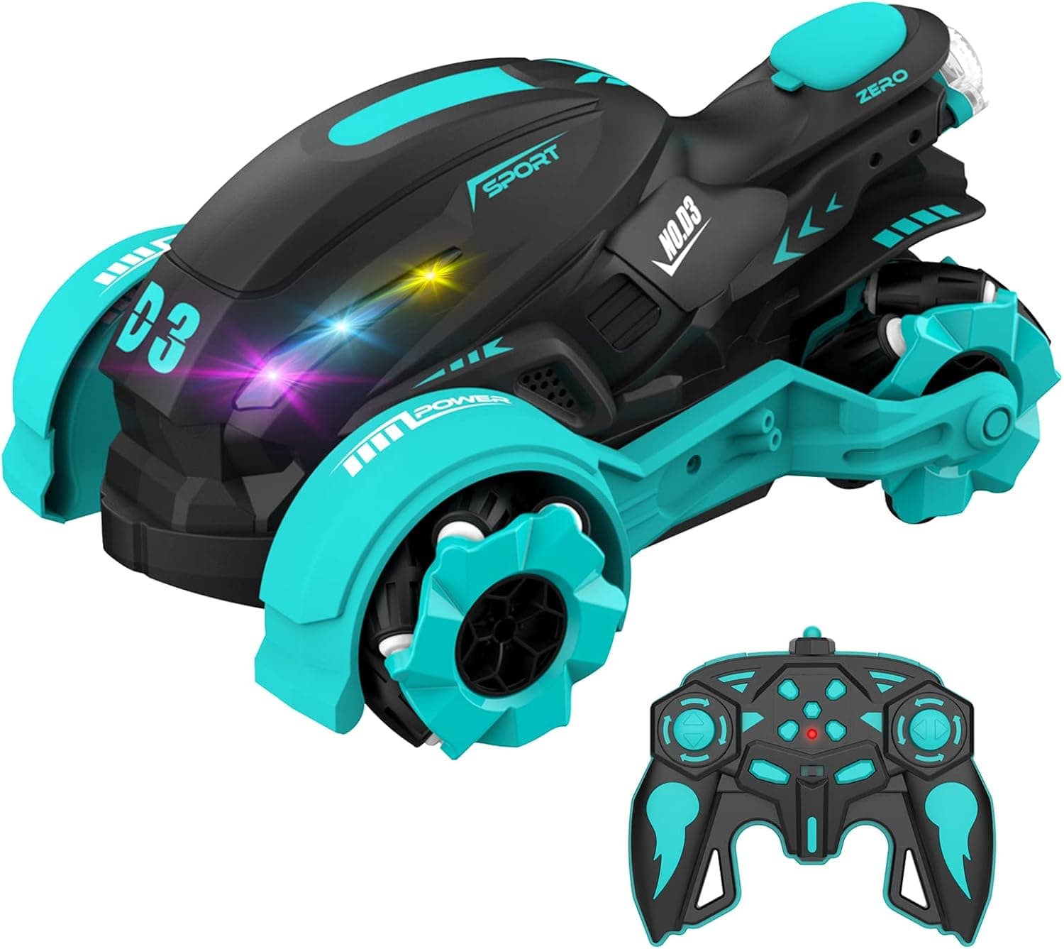 AONGAN Remote Control Car - 2.4 GHz RC Stunt Car 4WD w/Mecanum Wheels, All-Terrain Tires & All Directions, Lights Music & Spray Function Gifts Toys for Boys Girls 5 6 7 8 9 Years Old (Blue)