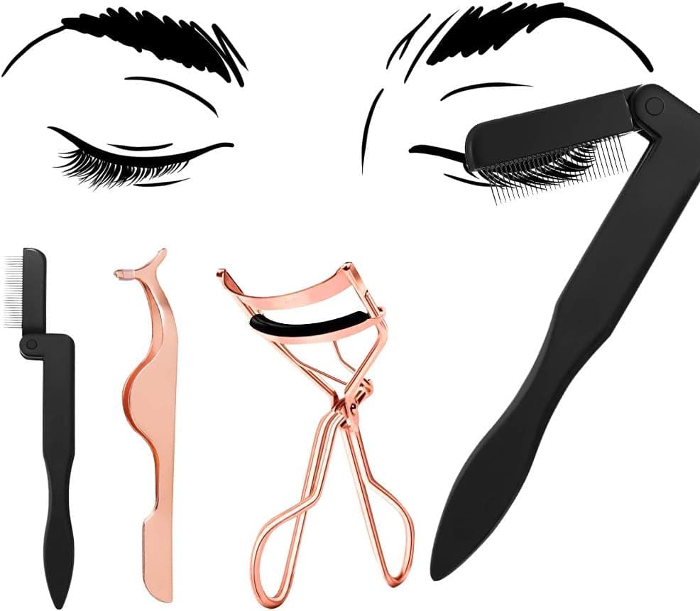 4 PCS Eyelash Makeup Tools Set, Eyelash Curler Folding Metal Teeth Eyelash Comb Seperator Eyebrow Comb Mascara Comb Brush And Falses Eyelashes Extension Tweezer For Women Asian Eyes Straight Lashes