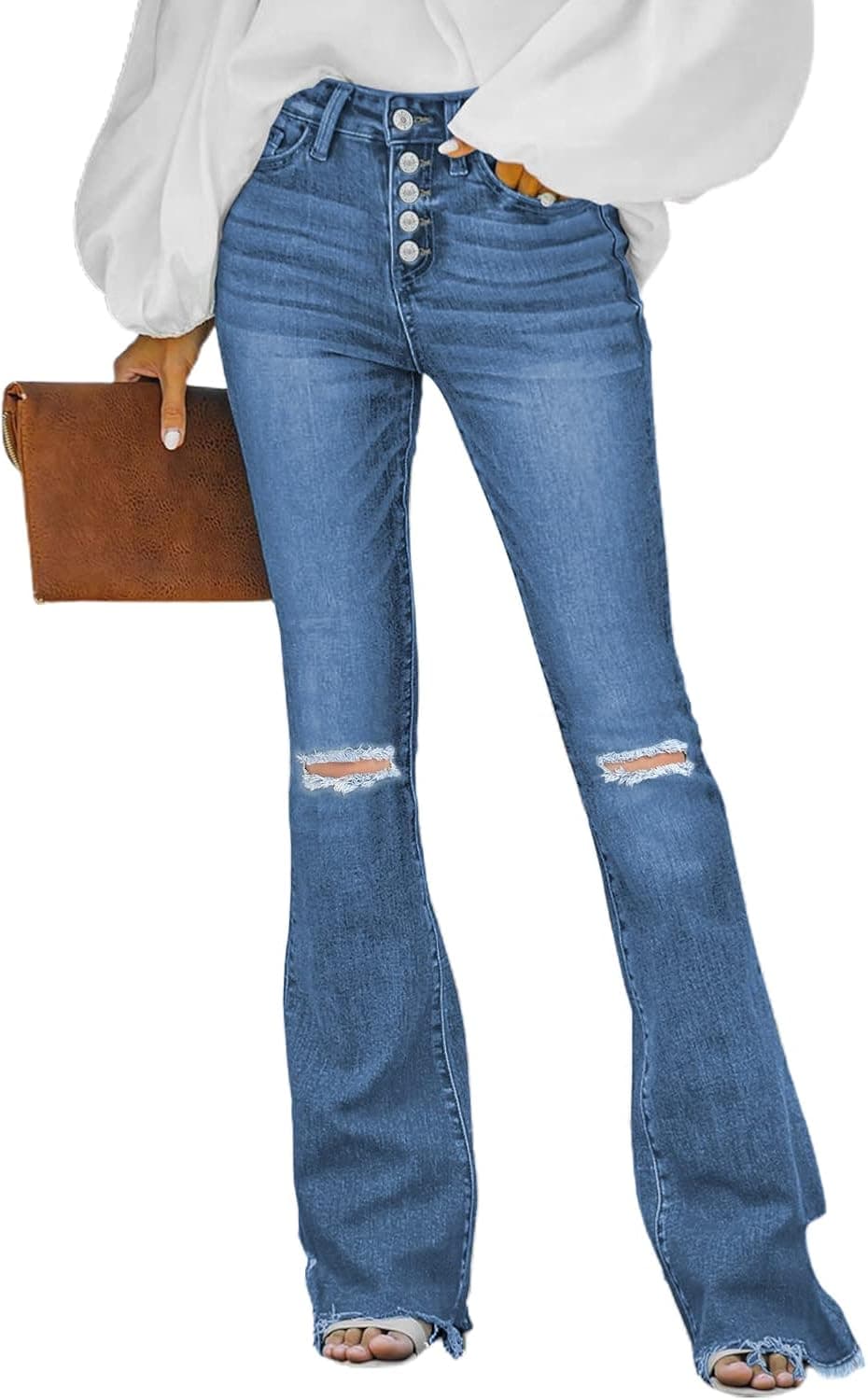 Littleplum Womens Ripped Flare Jeans High Waisted Bell Bottom Distressed Buttoned Fly Denim Pants Stretch